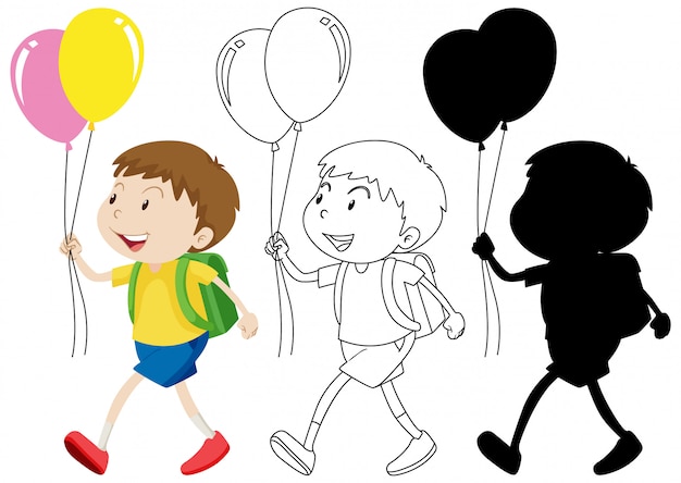 Download Boy holding balloon with its outline and silhouette | Free Vector