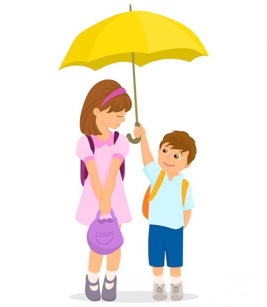 Download Boy holding umbrella protecting her friend Vector ...