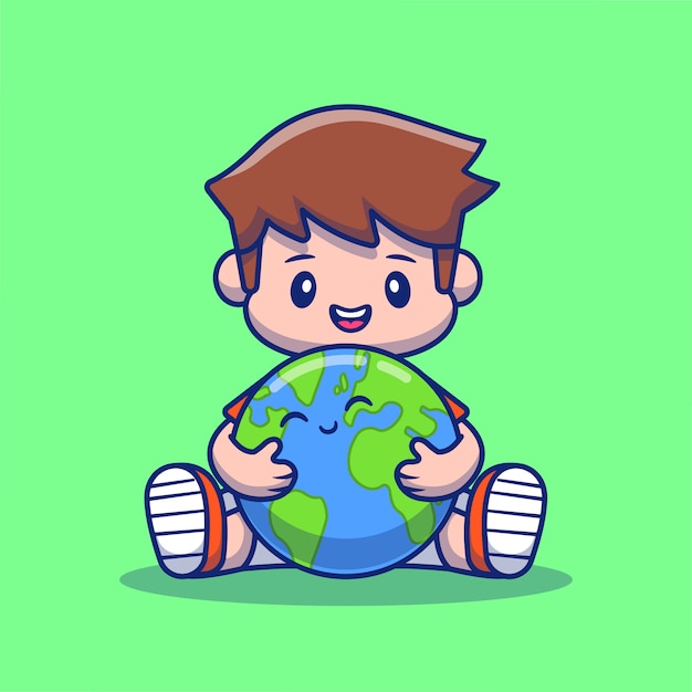 かわいい地球漫画アイコンイラストを抱き締める少年 人地球アイコンコンセプト分離プレミアム フラット漫画スタイル プレミアムベクター