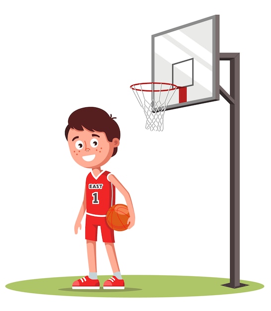 バスケットボールバスケットを持つフィールドでスポーツ制服の少年 ボールの手の中に ベクトルイラスト プレミアムベクター