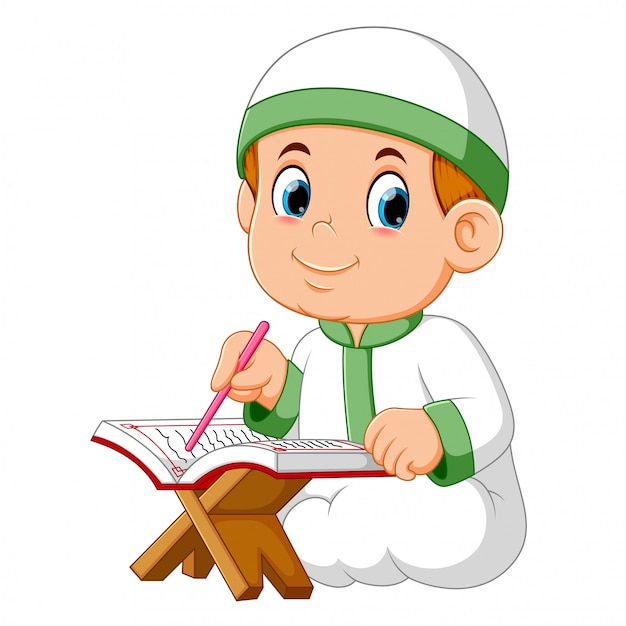 Premium Vector The boy is sitting and reading al quran