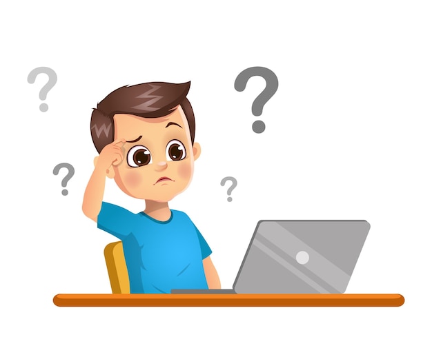 Premium Vector | Boy kid is thinking by seeing the laptop