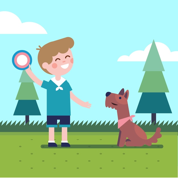 Boy kid playing flying disk trow catch with a dog Vector | Free Download