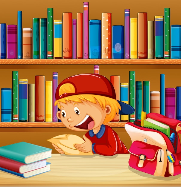 Premium Vector | A boy at library