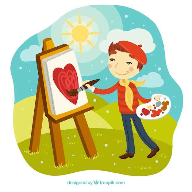 Boy painter  in a landscape Vector Free Download