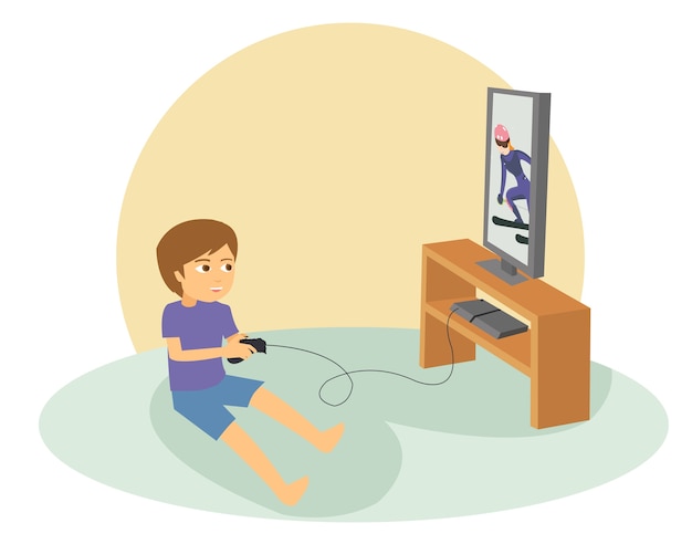 Premium Vector | Boy playing games on his big flat television screen