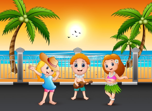 ギターを弾く少年とハワイアン女の子フラ海辺で踊る プレミアムベクター