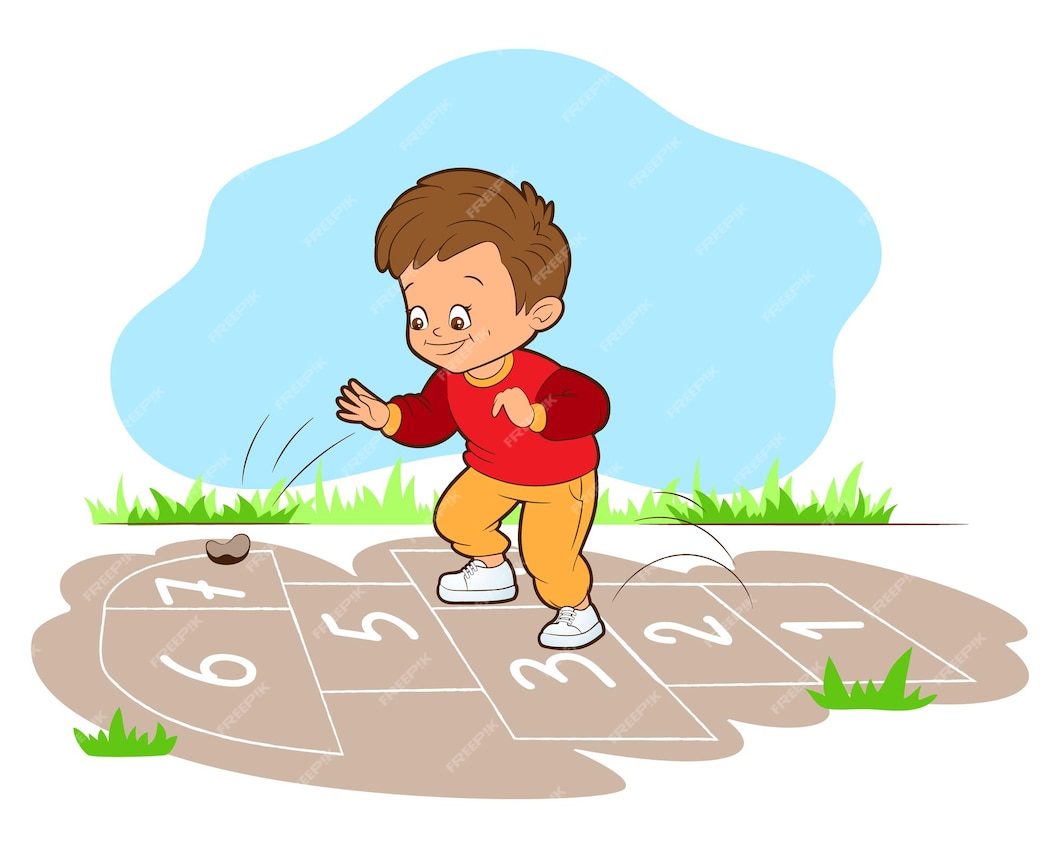 Premium Vector | The boy playing hopskotch jumps on one leg while ...