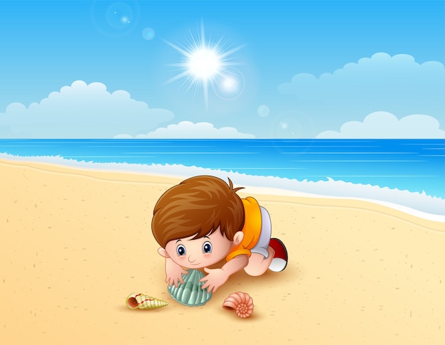 Download Boy playing a sea shells at the beach | Premium Vector