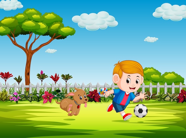 Premium Vector Boy Plays Soccer In The Yard With His Dog