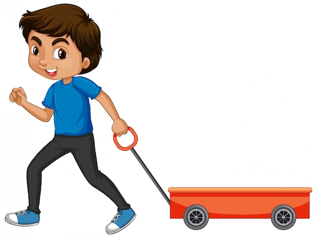 Boy Pulling Cart On White Free Vector