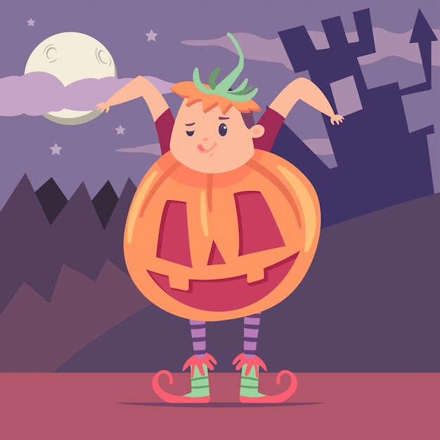 Download Premium Vector | Boy in a pumpkin costume next to a castle ...