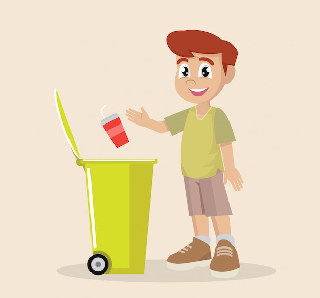 Premium Vector Boy Put Plastic Waste In Recycling Garbage Bin