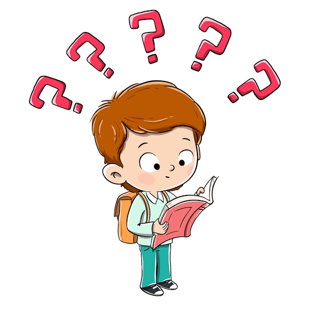 Boy reading an intrigued book with question marks | Premium Vector