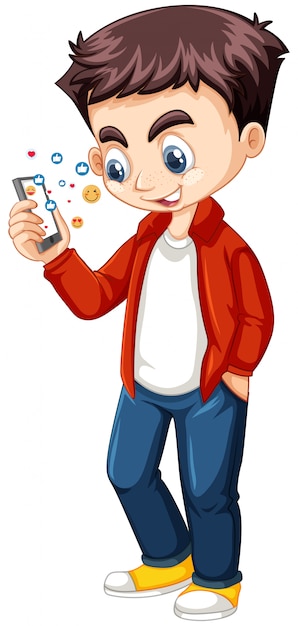 Free Vector Boy In Red Shirt Using Smart Phone Cartoon Character Isolated