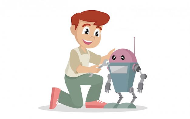 Premium Vector | Boy repairing toy robot.