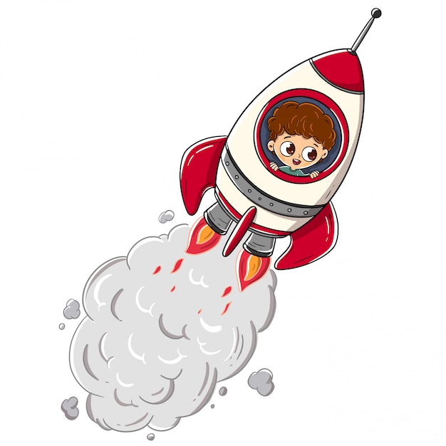 Boy riding a rocket traveling through space Premium Vector