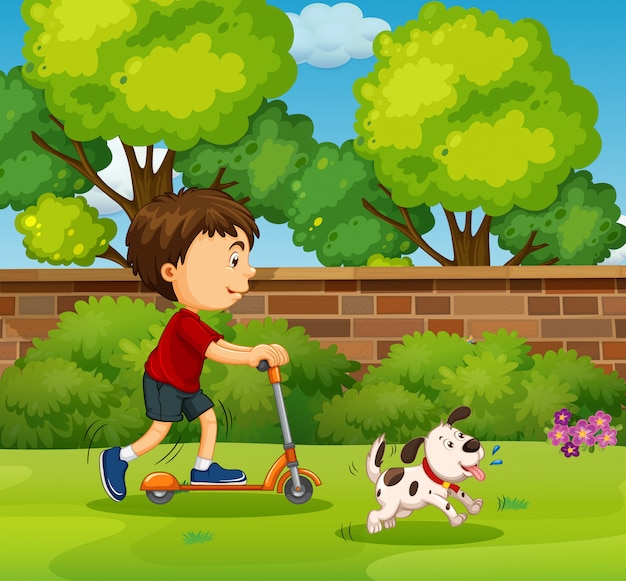 Boy riding on scooter in the yard Free Vector