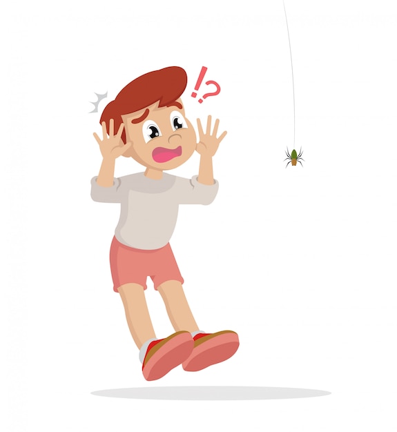 Premium Vector | Boy scared of spider.