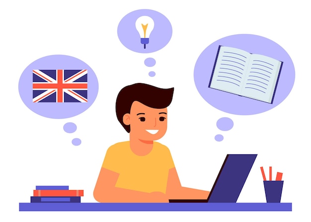 Premium Vector | Boy sits on laptop and learns an english lesson.