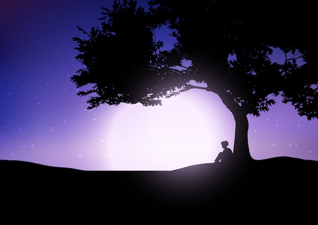 Boy sitting against a tree against a night\
sky