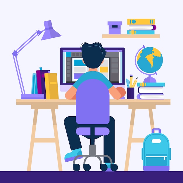 Boy Sitting At The Desk Learning With Computer Vector Premium