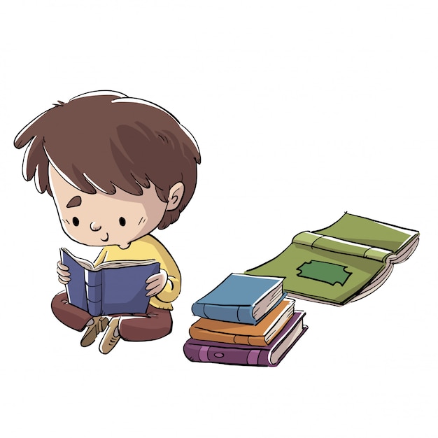 Boy sitting on the floor reading a book | Premium Vector