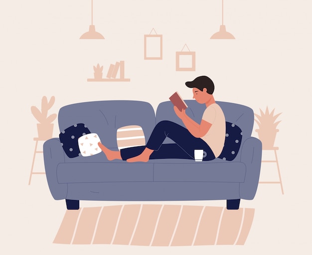 ソファーやソファに座っている少年は本を読みます リラックスコンセプトキャライラスト プレミアムベクター