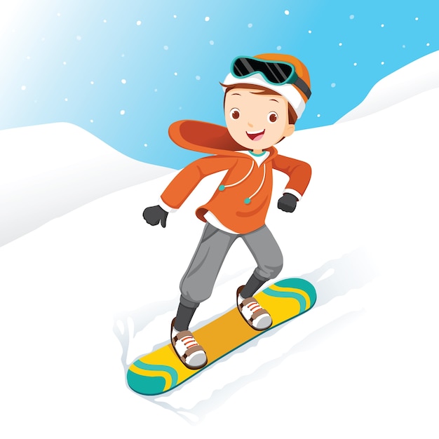 Premium Vector | Boy snowboarding, snow falling, winter season