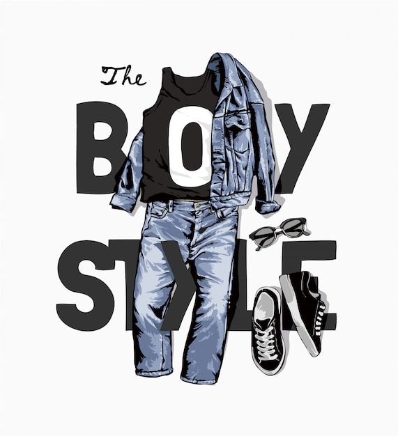 Boy style slogan with denim jacket and jeans illustration Premium Vector