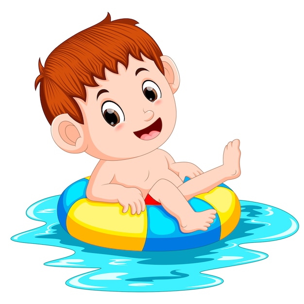 Premium Vector | Boy swims in the pool with the swimming tire