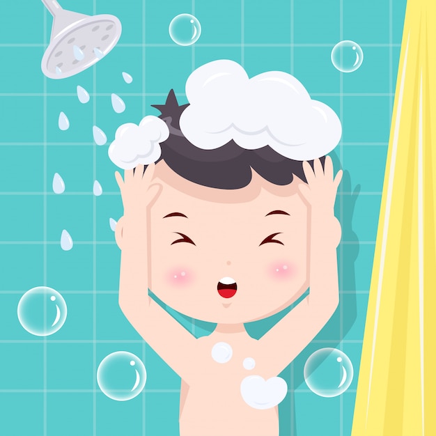 Boy take a shower | Premium Vector