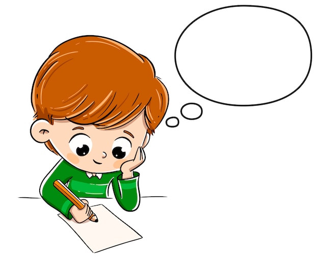 Boy thinking while writing something on a paper Premium Vector