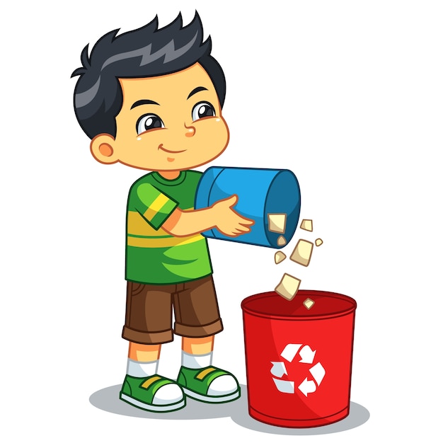 Boy throwing garbage in the trash can. | Premium Vector