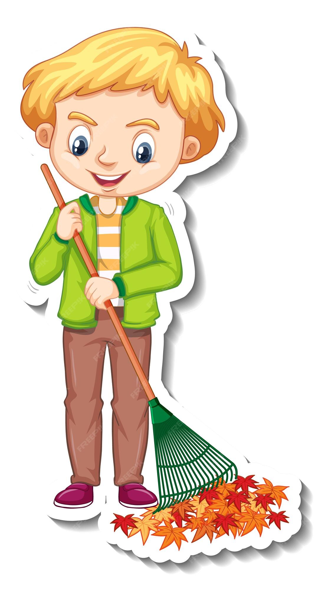 Free Vector | A boy using rake cartoon character