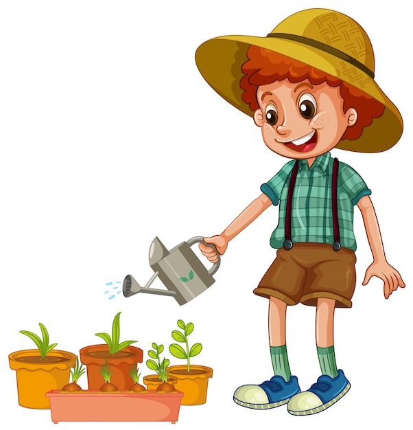 Premium Vector | A boy watering the plants