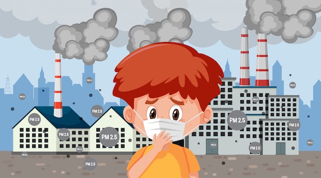 Boy wearing mask in the city with factory smoke Premium Vector