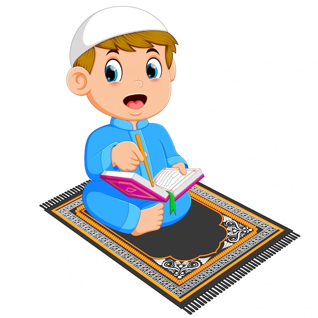 Premium Vector | The boy with the blue caftan is reading the al quran ...