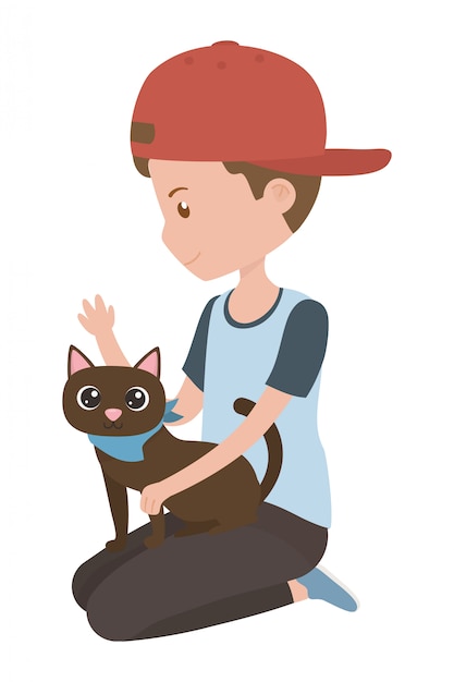  Boy  with cat  of cartoon  Free Vector