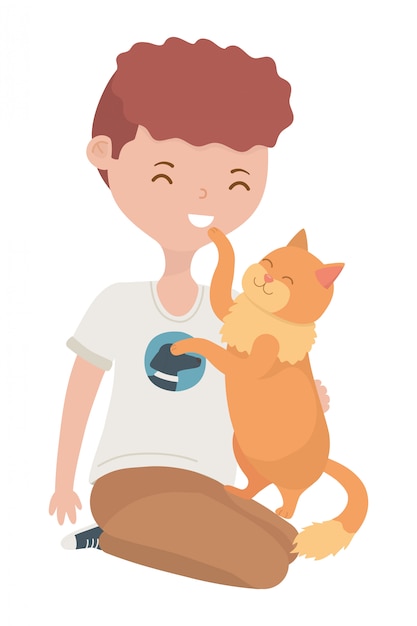  Boy  with cat  of cartoon  Free Vector