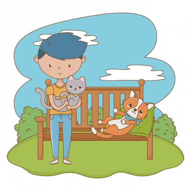 Premium Vector | Boy with cat and dog cartoon