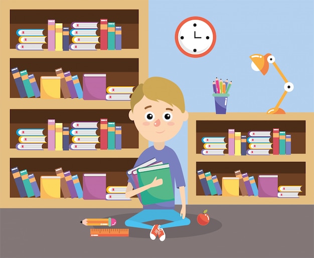 Premium Vector | Boy with education books supplies in the classroom