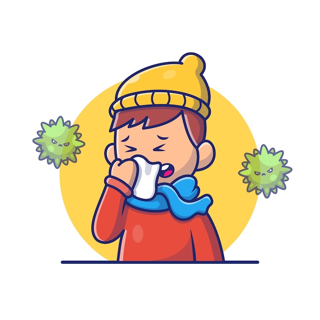 Premium Vector | Boy with fever and flu icon illustration. corona ...