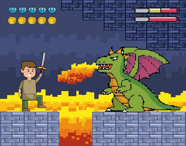 Boy with sword and dragon spits fire and life bars | Free Vector