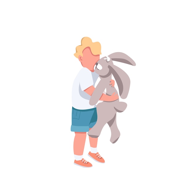 おもちゃの色の顔のないキャラクターを持つ少年 小さな子供はウサギのぬいぐるみを抱きしめます かわいい未就学児 人形の漫画イラストとアニメーションで遊ぶ幼児 プレミアムベクター