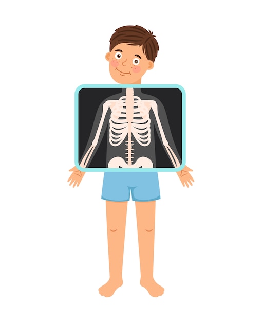 少年x線 漫画の子供の患者のx線 クリニックの医師のベクトル図の裸の子供の骨格の骨のスナップショット プレミアムベクター