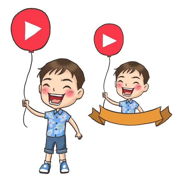 サインかわいいイラストクリップアート楽しい男の文字を保持している少年youtuberのロゴ プレミアムベクター