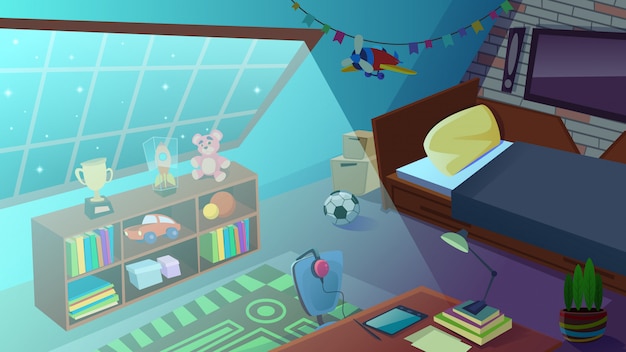 Download Boys bedroom interior at night time. kids room | Premium Vector