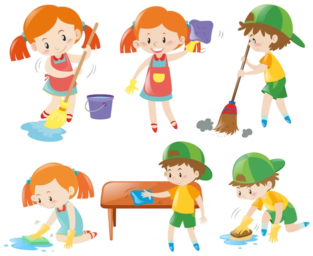 Premium Vector | Boys and girls doing chores