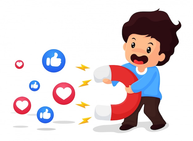 Boys hold large magnets, the idea of attracting viewers on social media Premium Vector